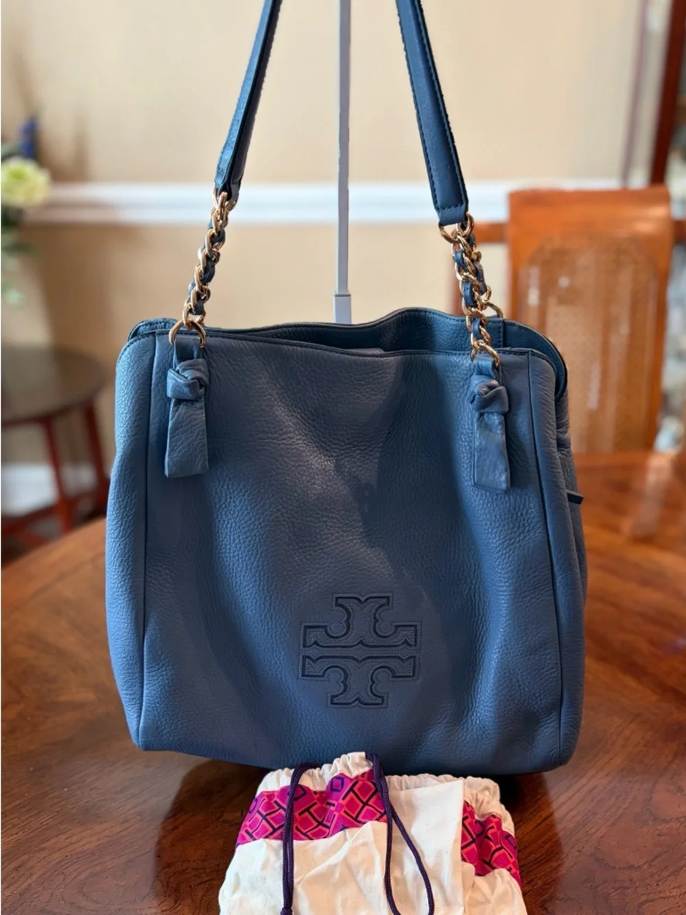 NWOT Tory Burch Harper Pebbled Leather Shoulder Tote w/Chain Straps - Slate Blue - Picture 14 of 14